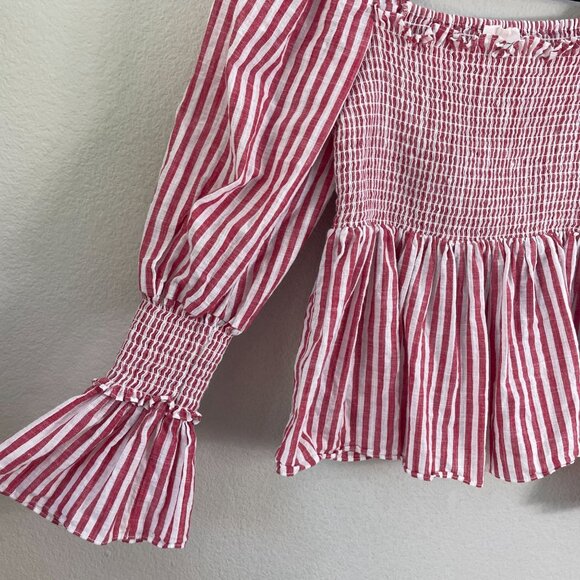 Cinq À Sept Womens XS Tous Les Jours Red White Adly Stripe Smocked Top Blouse - Picture 3 of 7